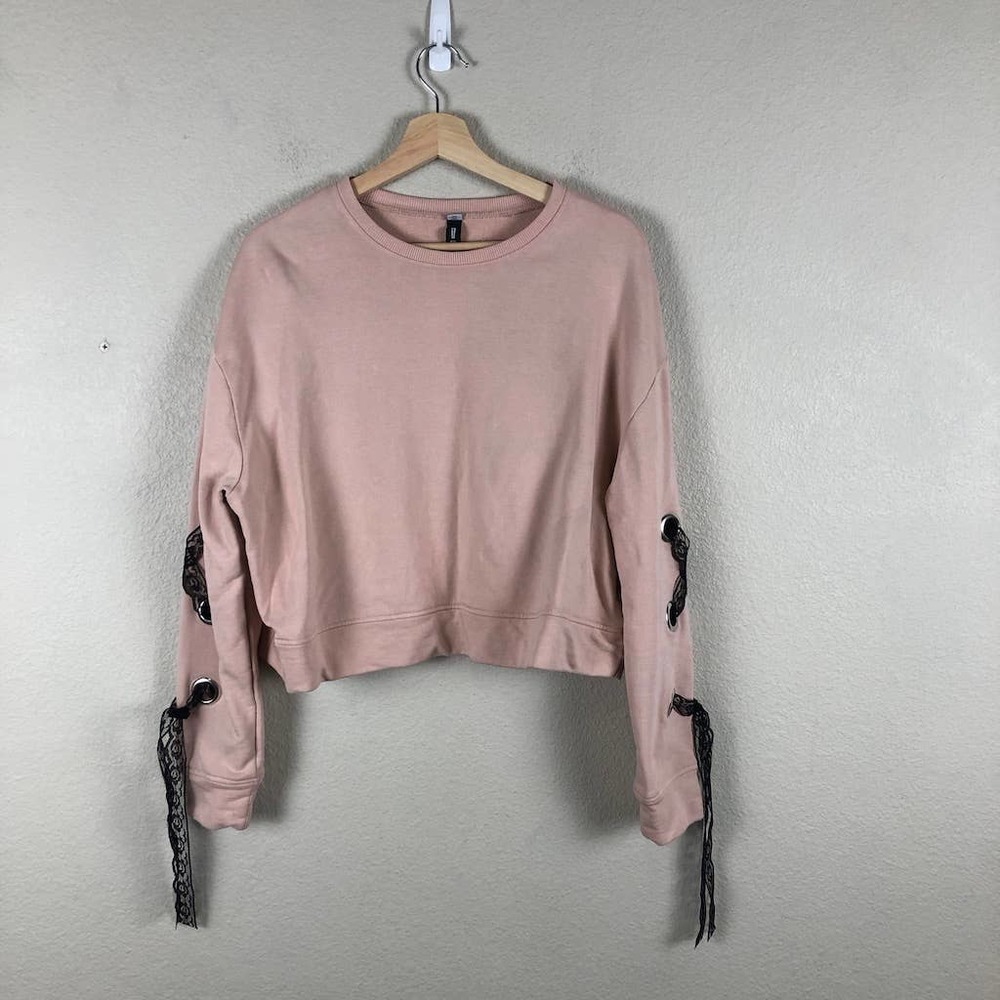 DESIGN Lab Sweatshirt Sweater Pink Black‎ Lace Grommet Detail Size Medium